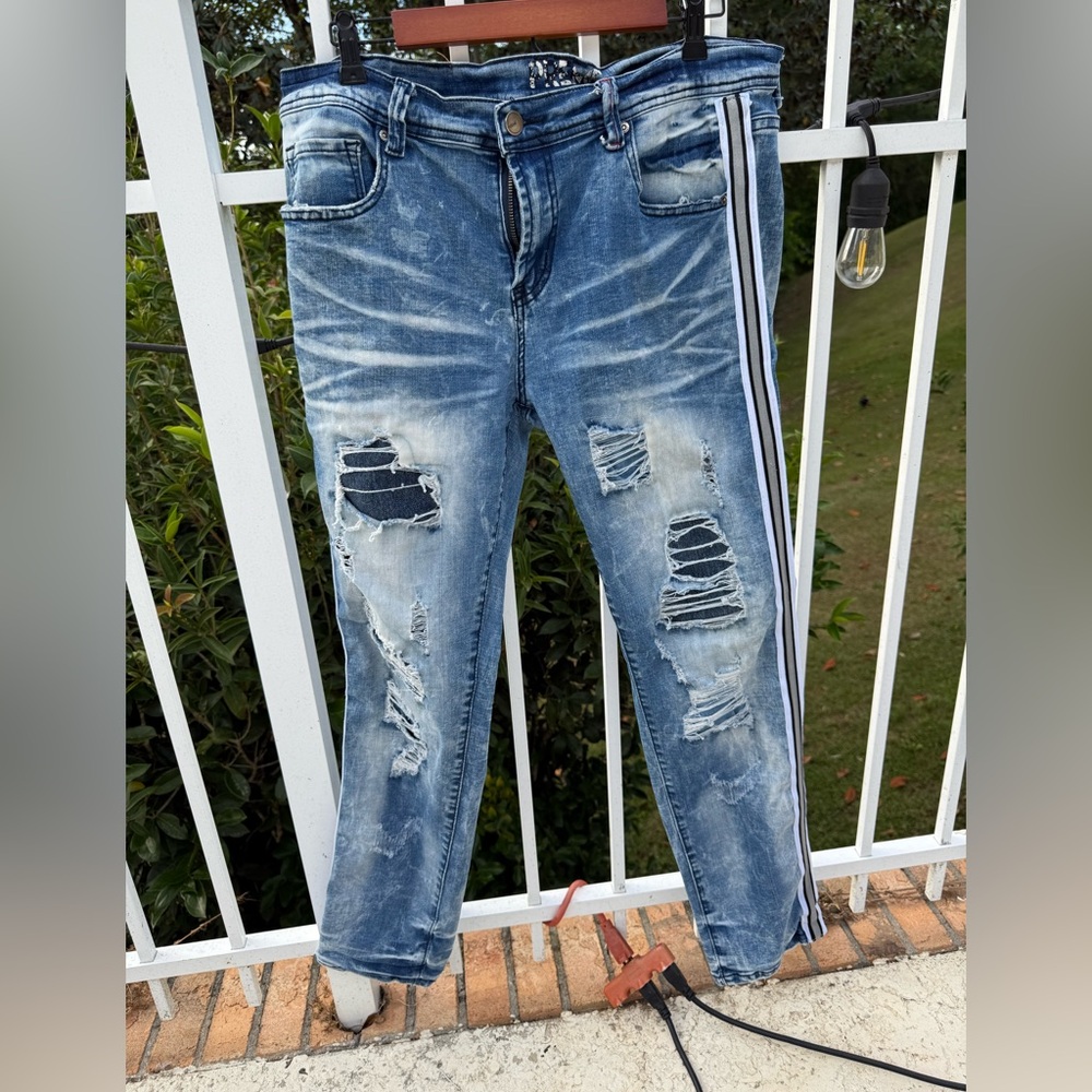 PREME Jeans 36x32 Distressed Denim Side Stripe Stretch Skinny Streetwear